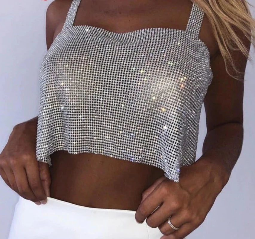 Blin - Full Diamond Sequins Rhinestones Party Crop Top Fashion Solid Backless Straps Women's Cami Cropped Top