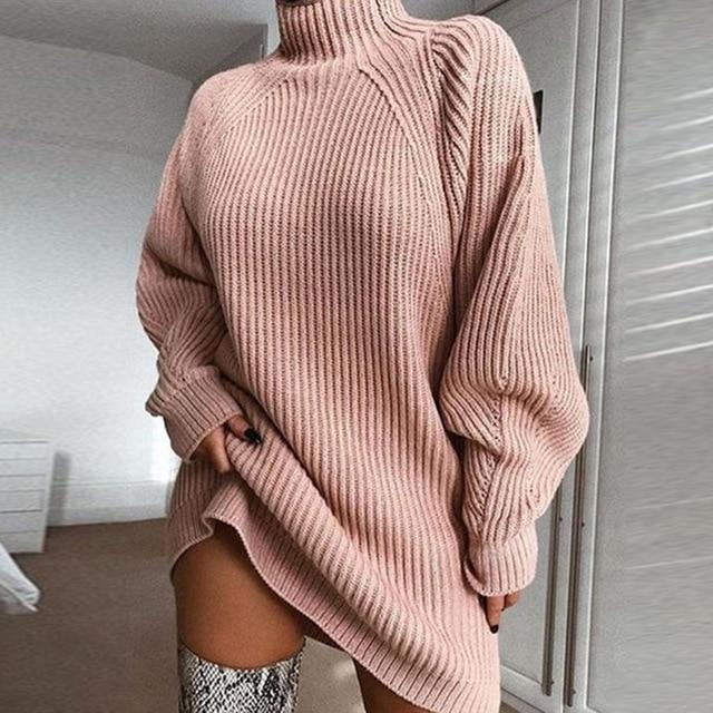 Ally - Knitted High Collar Pullover Sweater Dress