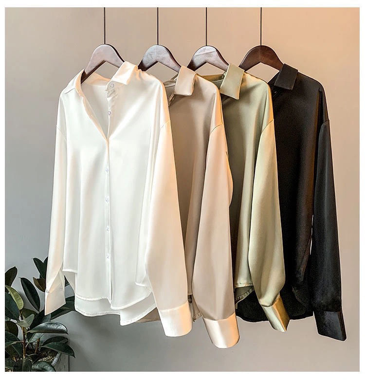 Shiw - Long Sleeves Loose Streetwear Shirts Button Up Satin Silk Shirt