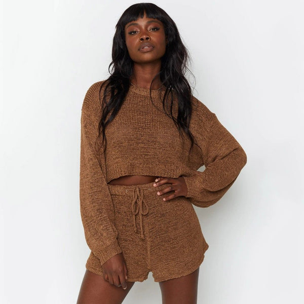 Tosho - Two-Piece Set of Knitted Loose Top and Shorts