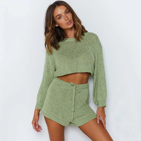 Tosho - Two-Piece Set of Knitted Loose Top and Shorts