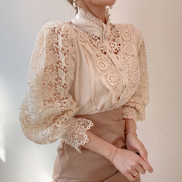 Peve - Petal Sleeve Stand Collar Hollow Out Flower Lace Blouse