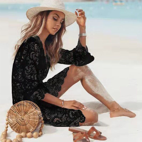 Biqi - Crochet White Knitted Beach Bikini Cover Up Dress