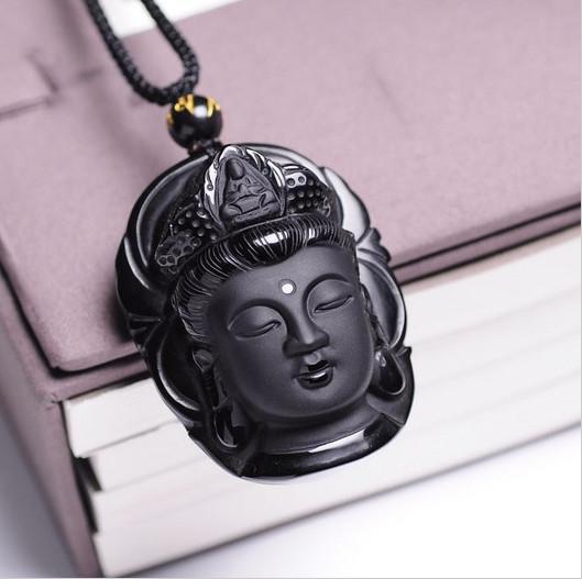 Natural Obsidian Necklace Buddha Amulet