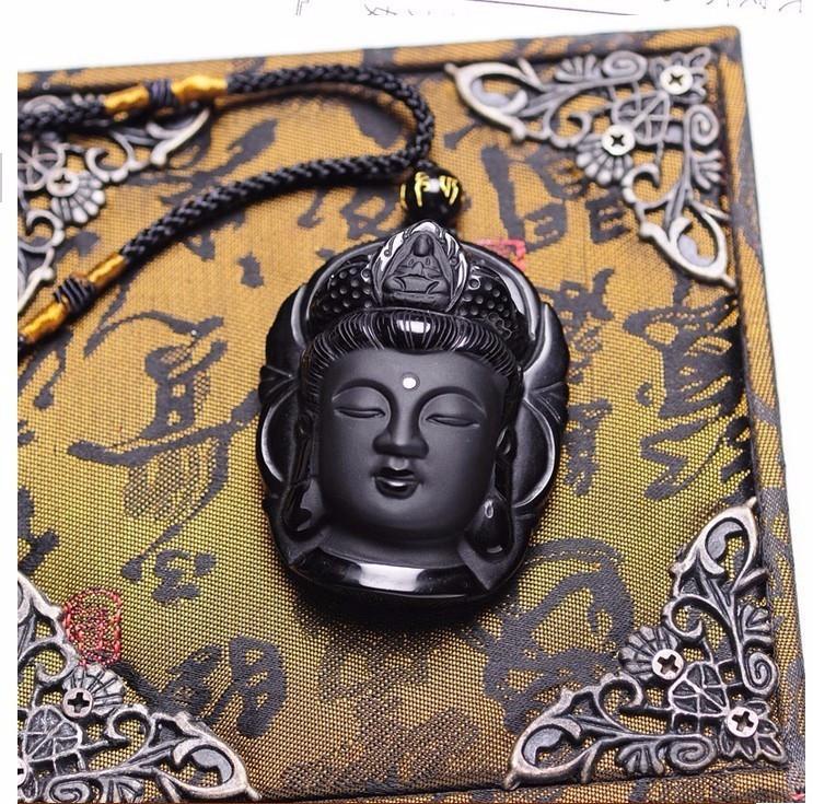 Natural Obsidian Necklace Buddha Amulet