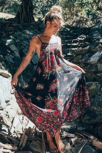 Summer Boho Ethnic Floral Print Backless Long Maxi Dress