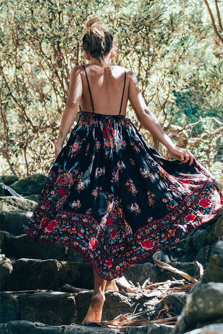 Summer Boho Ethnic Floral Print Backless Long Maxi Dress
